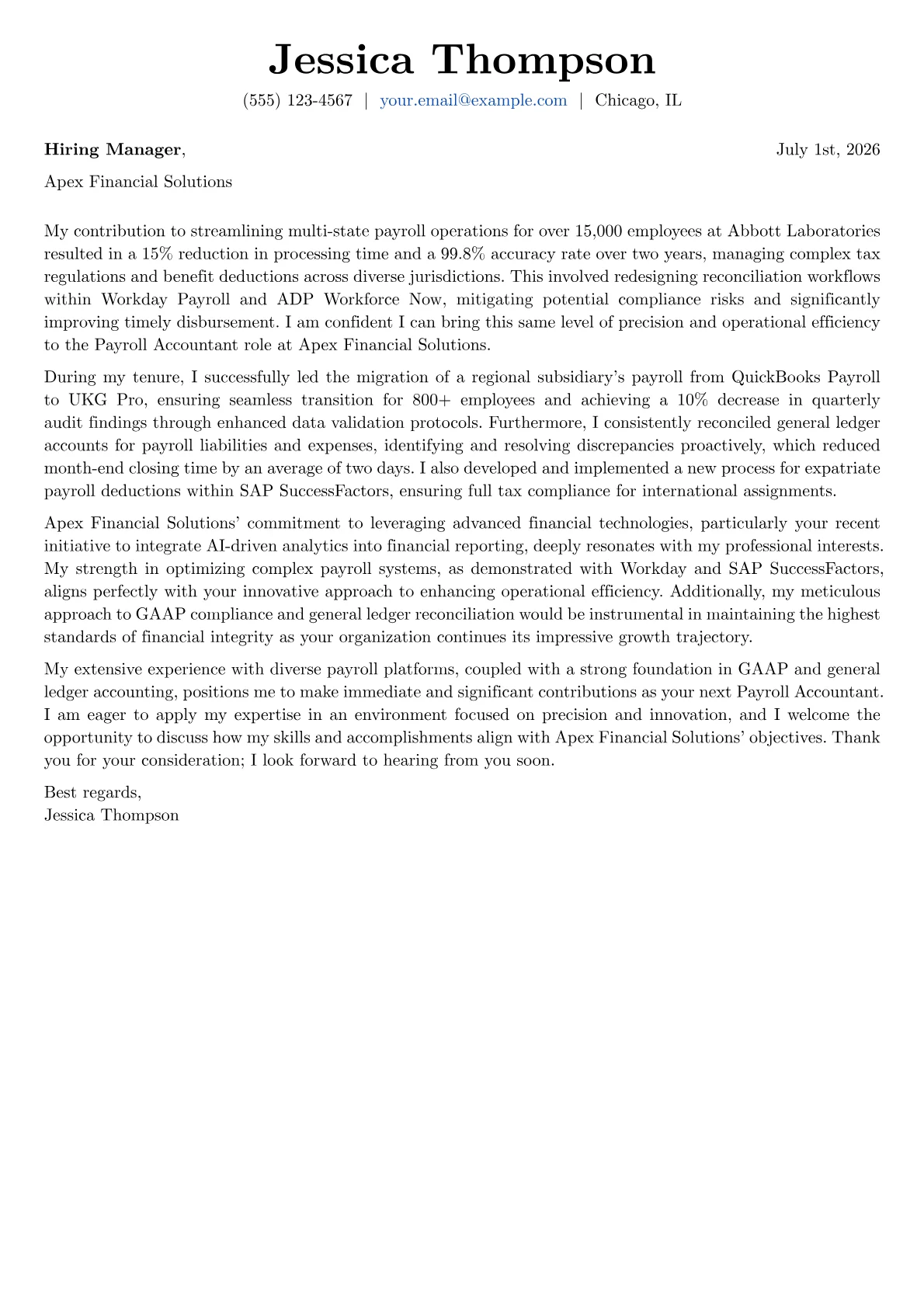 Payroll Accountant cover letter formatted with a JobSprout template