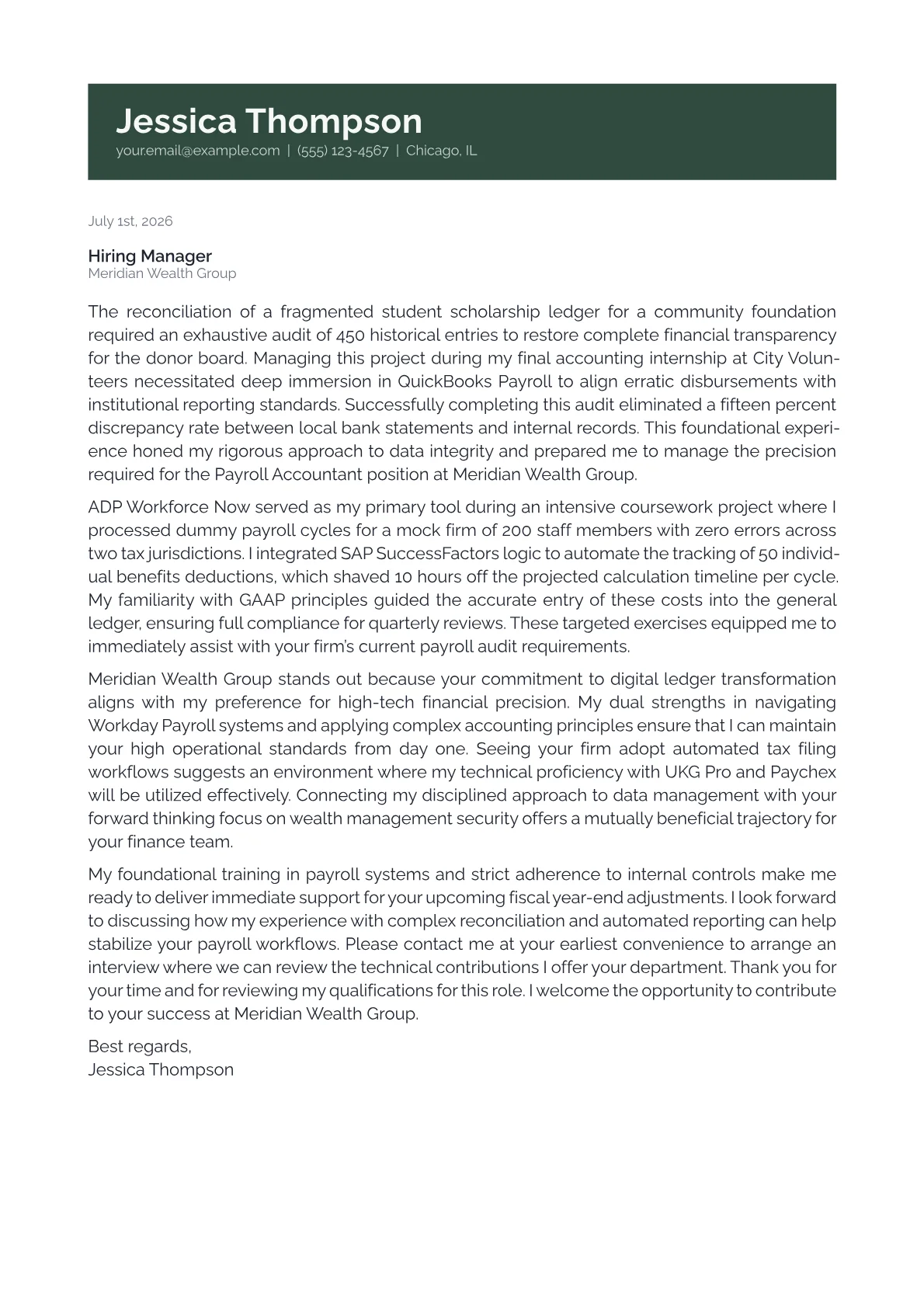 Payroll Accountant cover letter in the Banner design