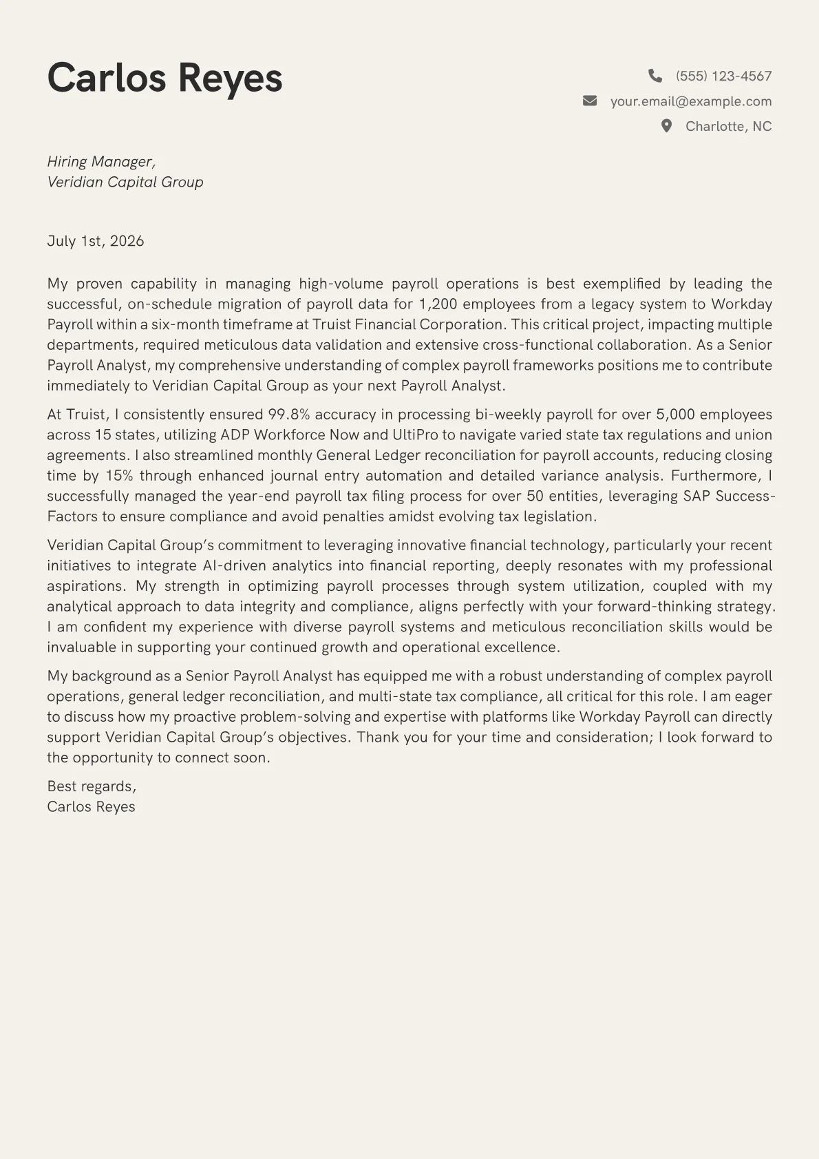 Payroll Analyst cover letter formatted with a JobSprout template