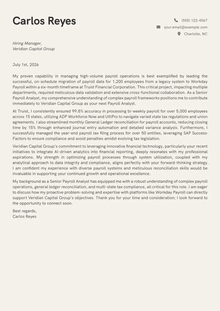 Payroll Analyst cover letter example preview