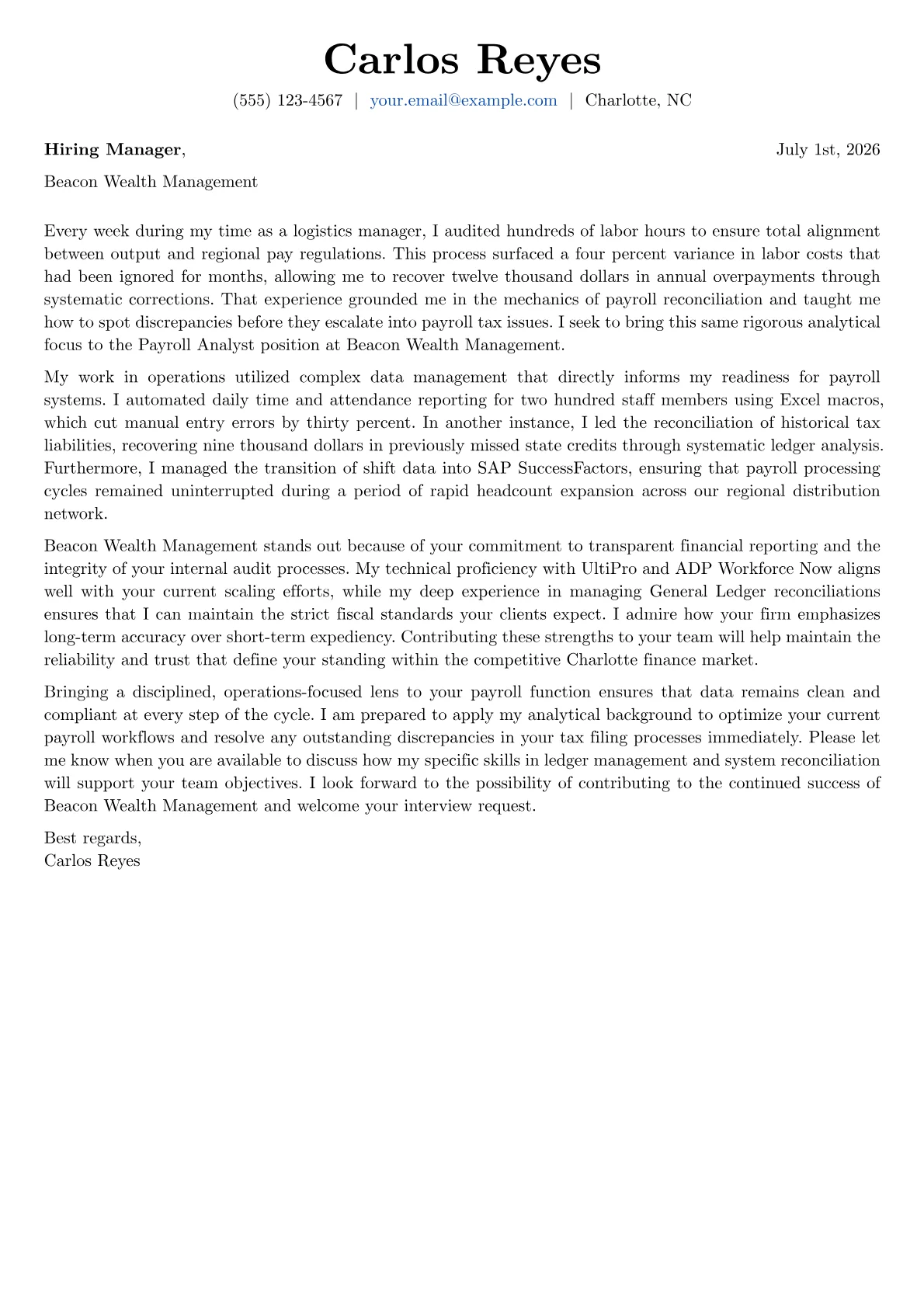 Payroll Analyst cover letter in the Basic design