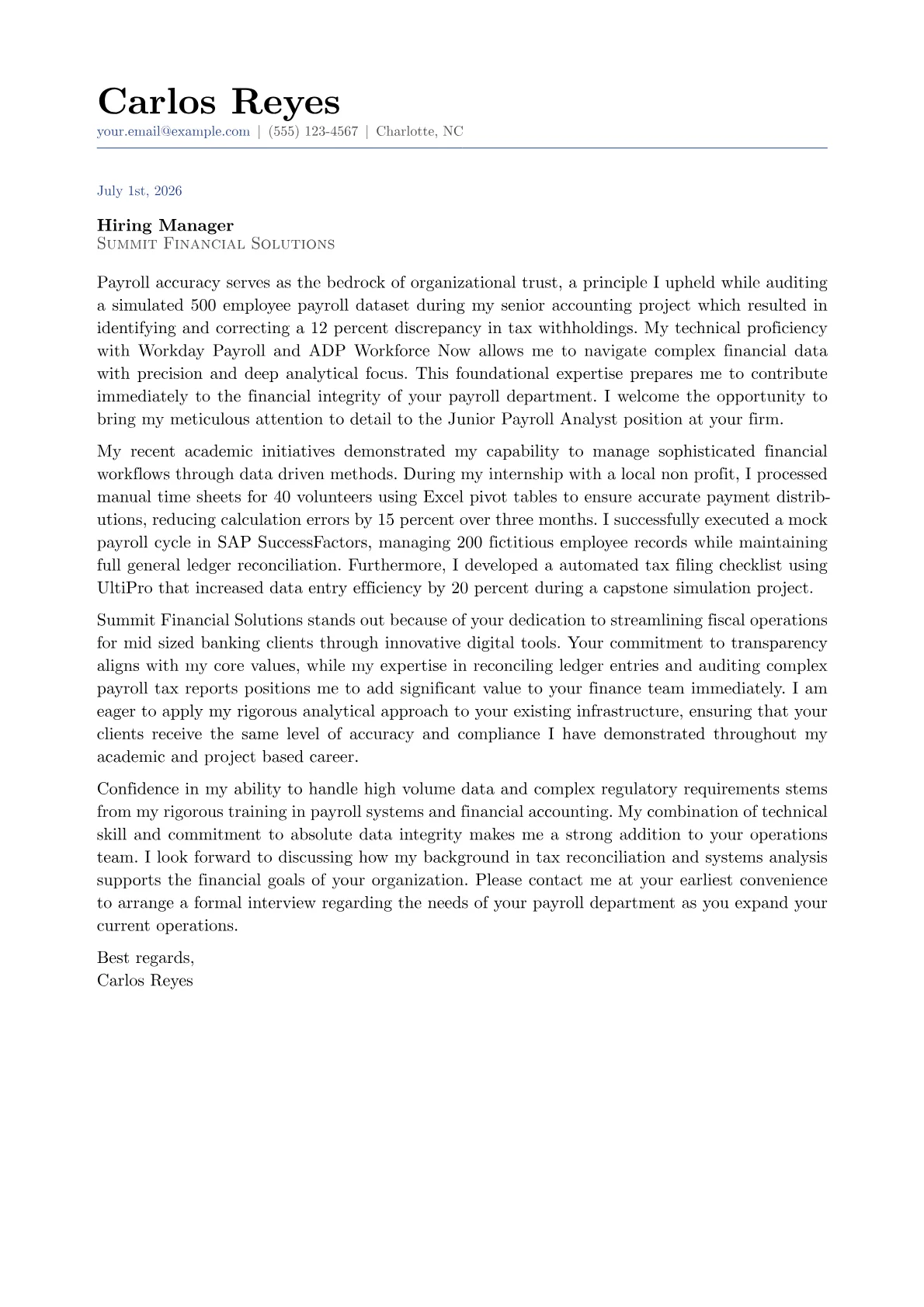 Payroll Analyst cover letter in the Classic design