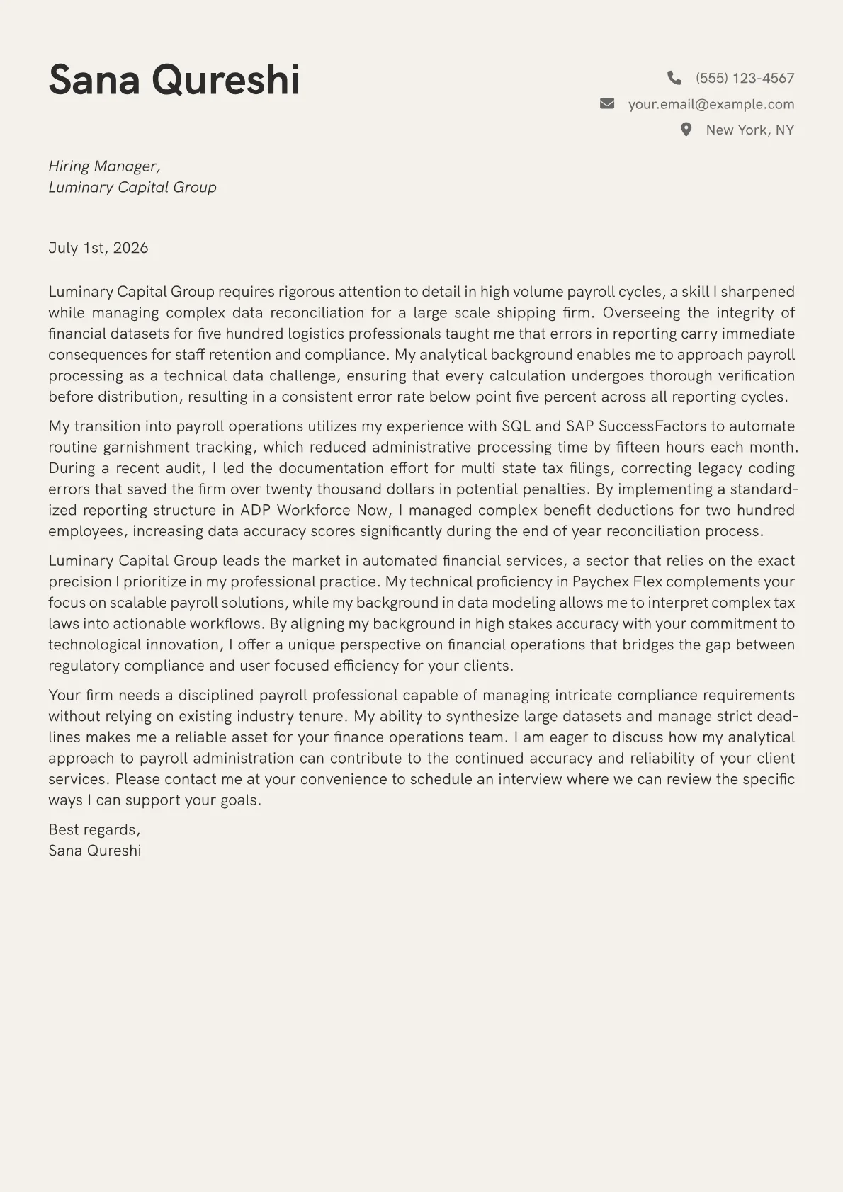 Payroll cover letter in the Creative design