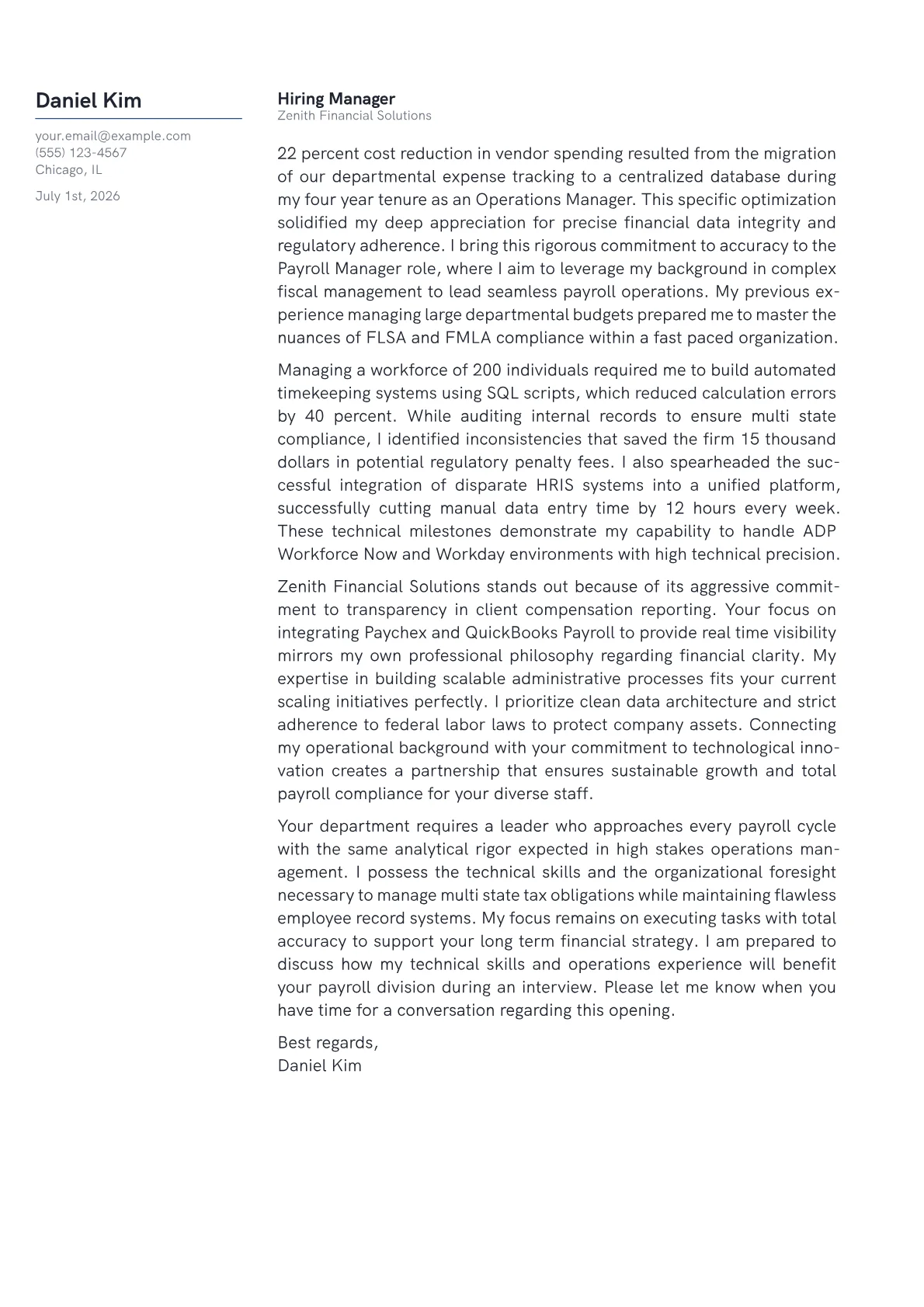 Payroll Manager cover letter in the Margin design