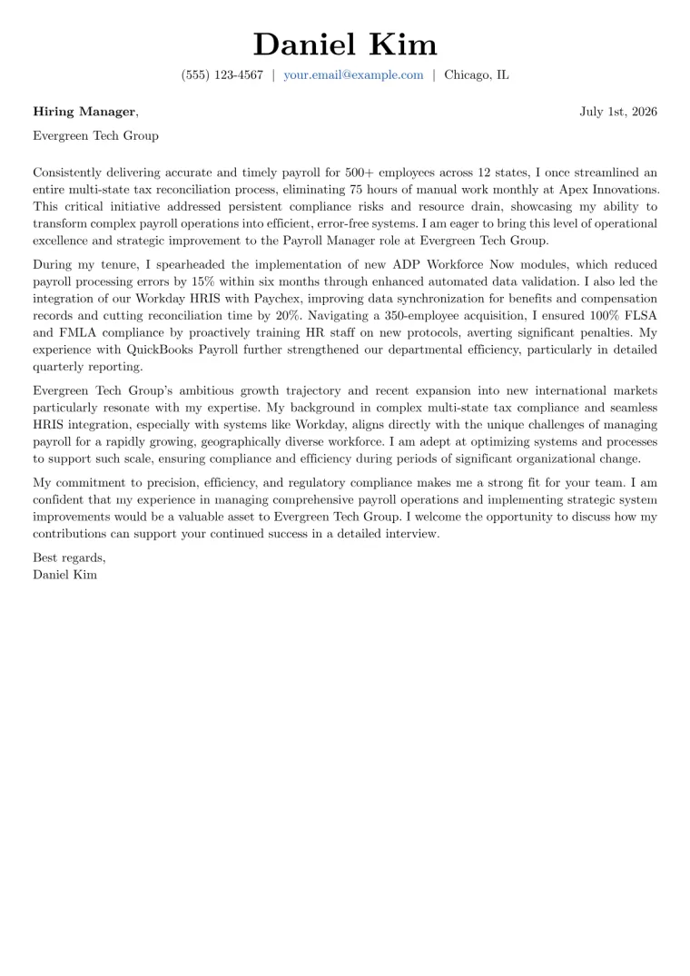 Payroll Manager cover letter example preview