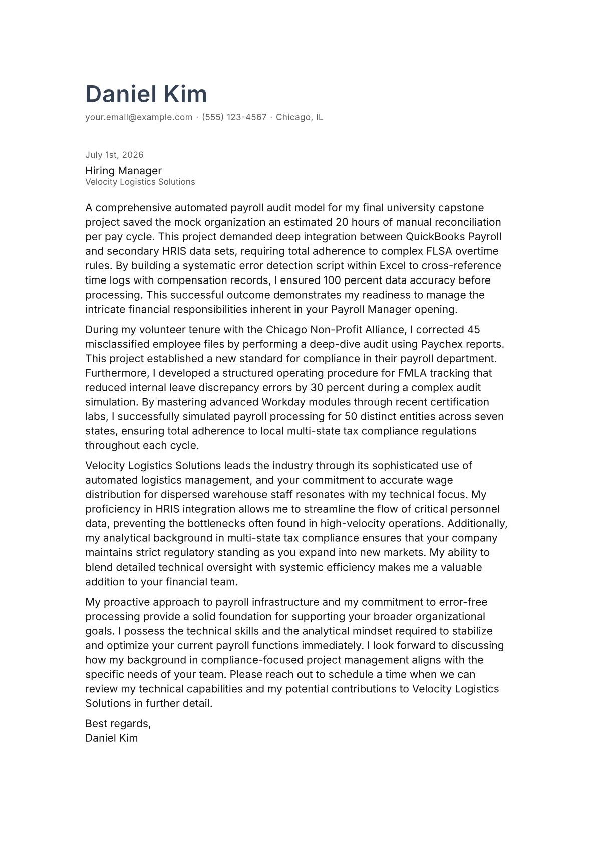 Payroll Manager cover letter in the Minimal design
