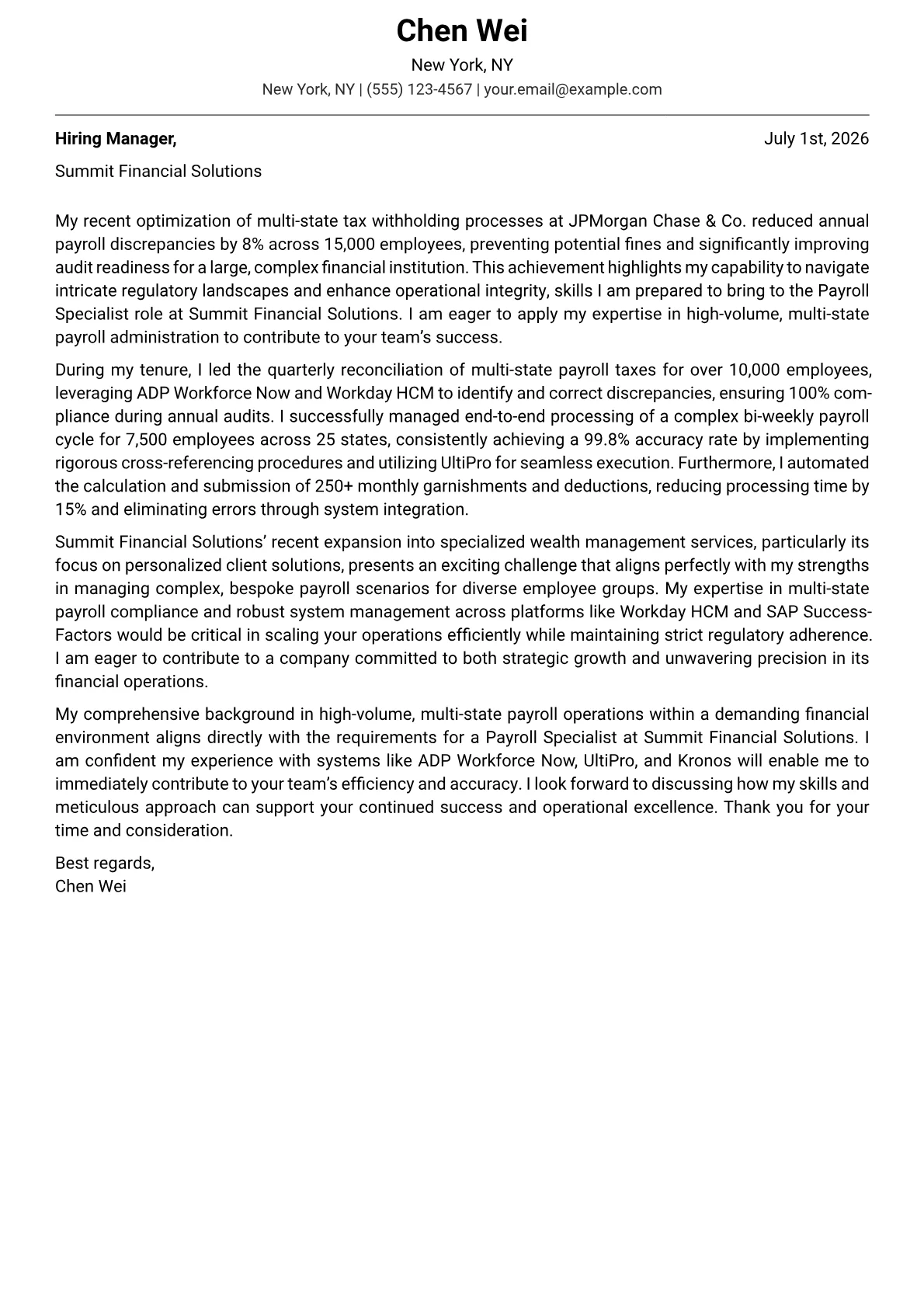 Payroll Specialist cover letter formatted with a JobSprout template