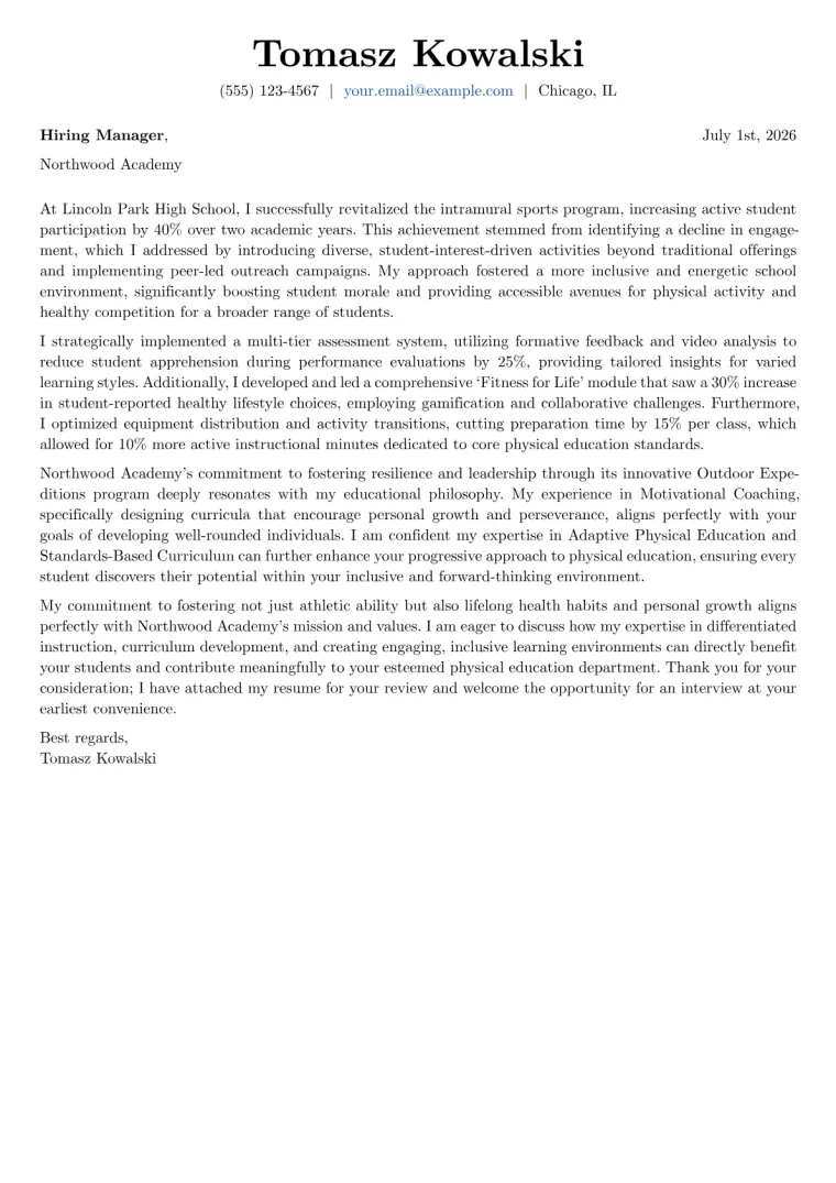 PE Teacher Cover Letter Example