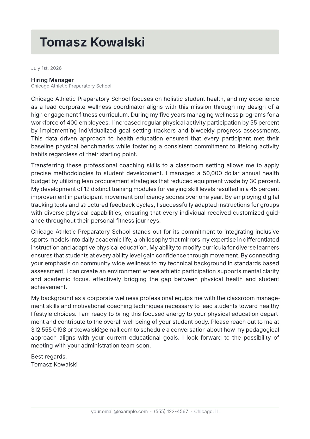 PE Teacher cover letter in the Letterhead design