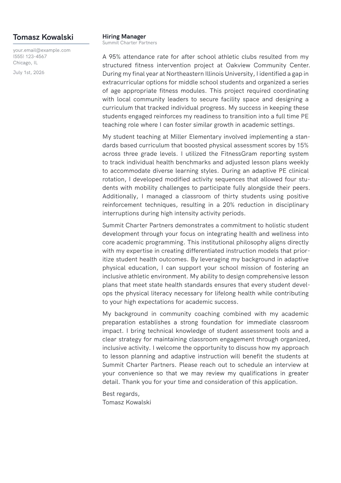 PE Teacher cover letter in the Margin design