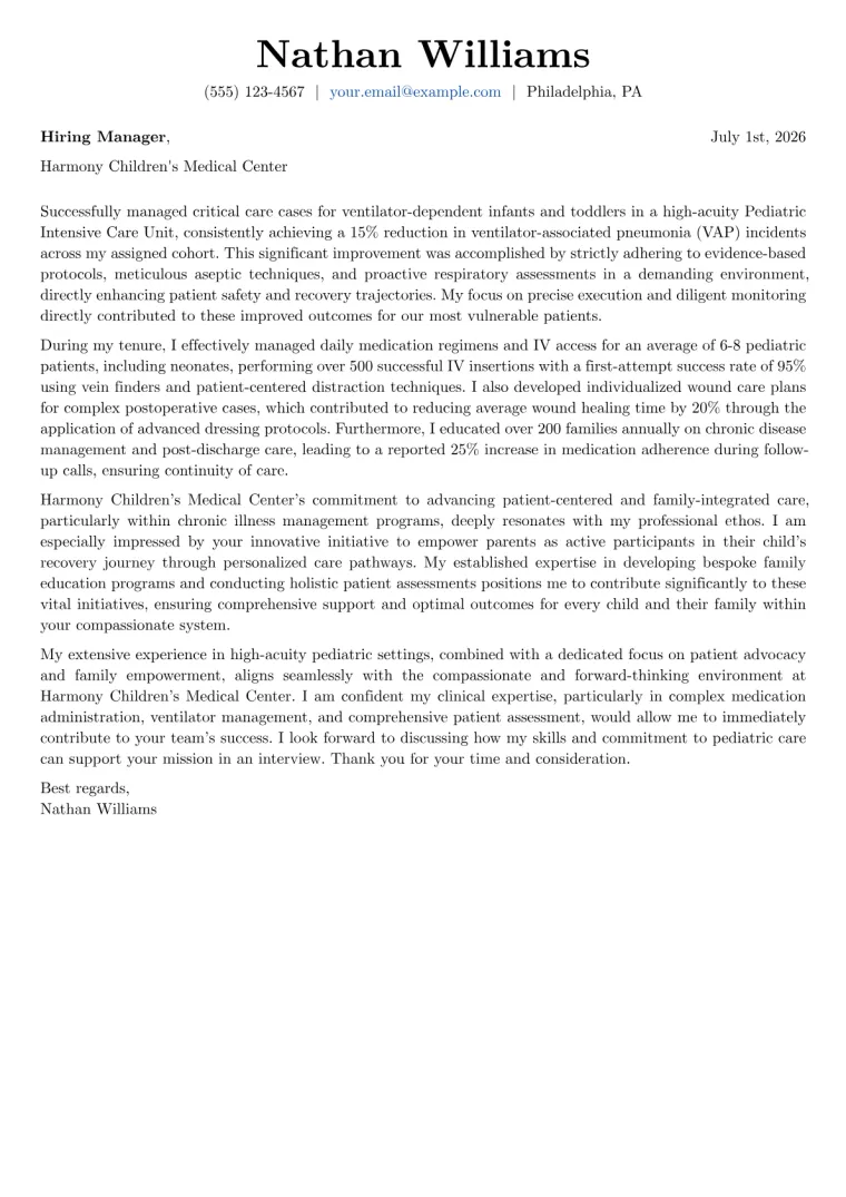Pediatric Nurse Cover Letter Example