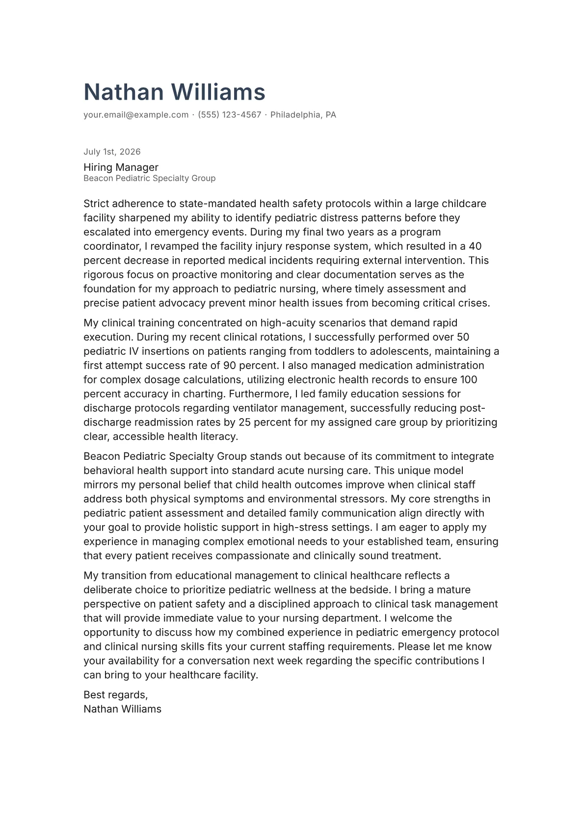Pediatric Nurse cover letter in the Minimal design