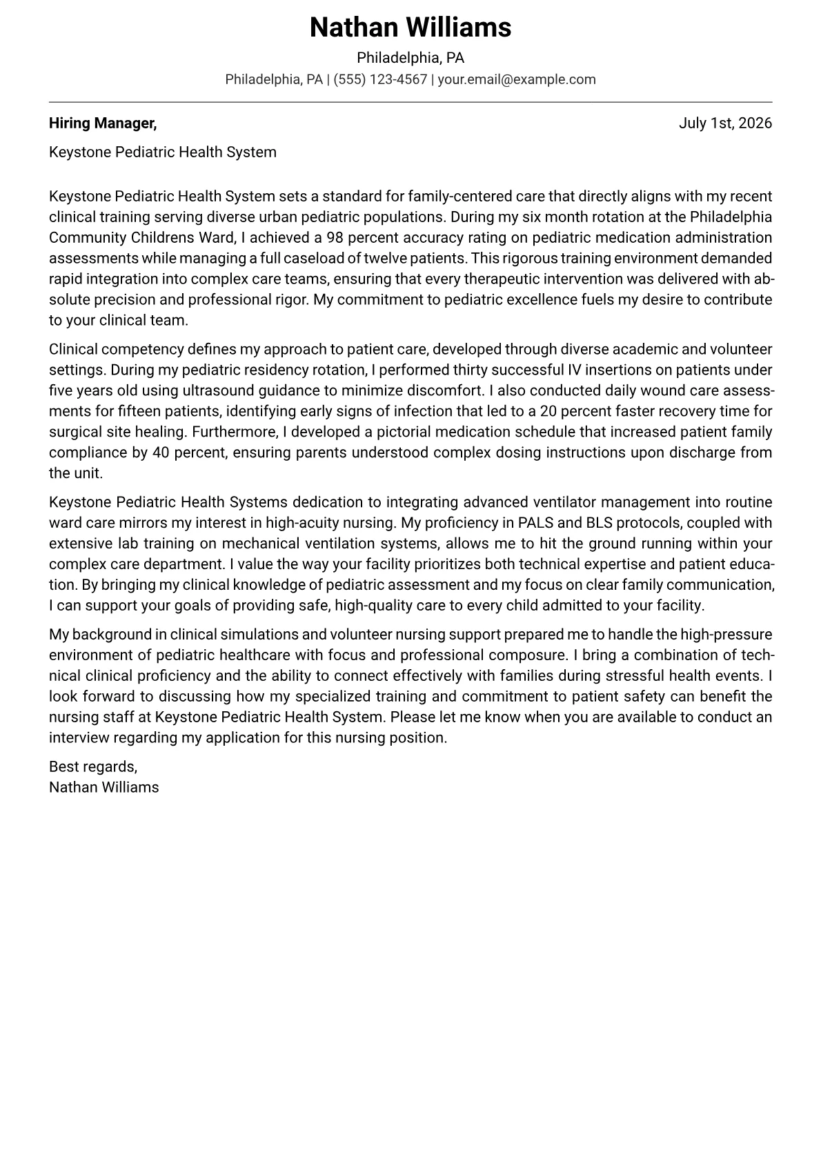 Pediatric Nurse cover letter in the Modern design