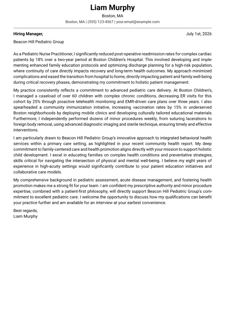 Pediatric Nurse Practitioner Cover Letter Example