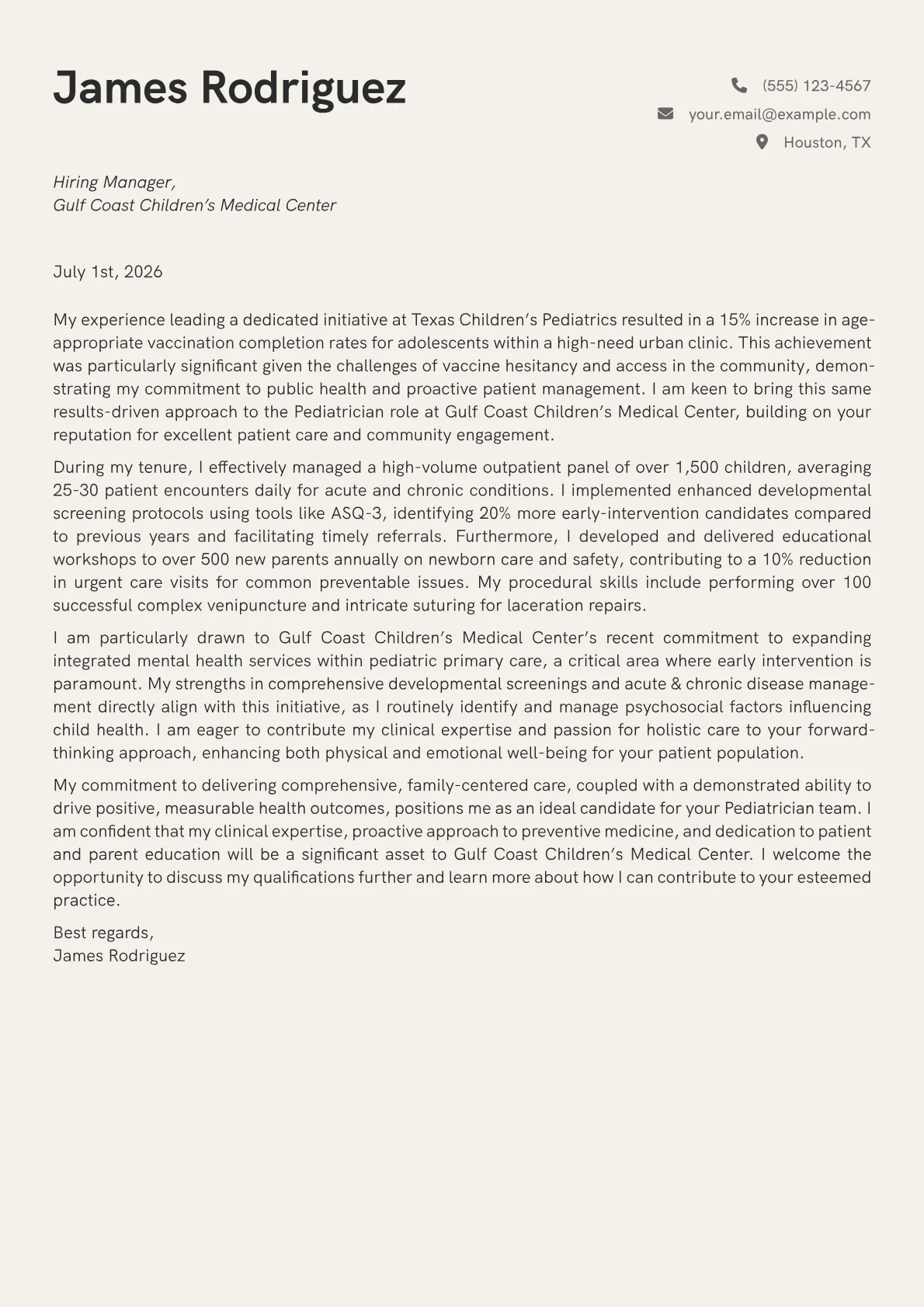 Pediatrician cover letter formatted with a JobSprout template