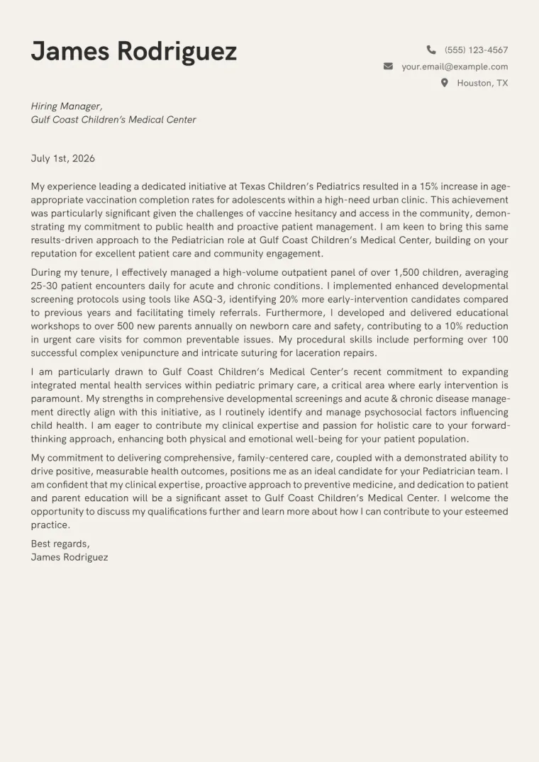 Pediatrician Cover Letter Example