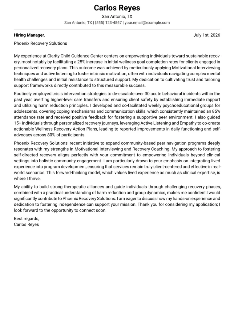 Peer Support Specialist Cover Letter Example