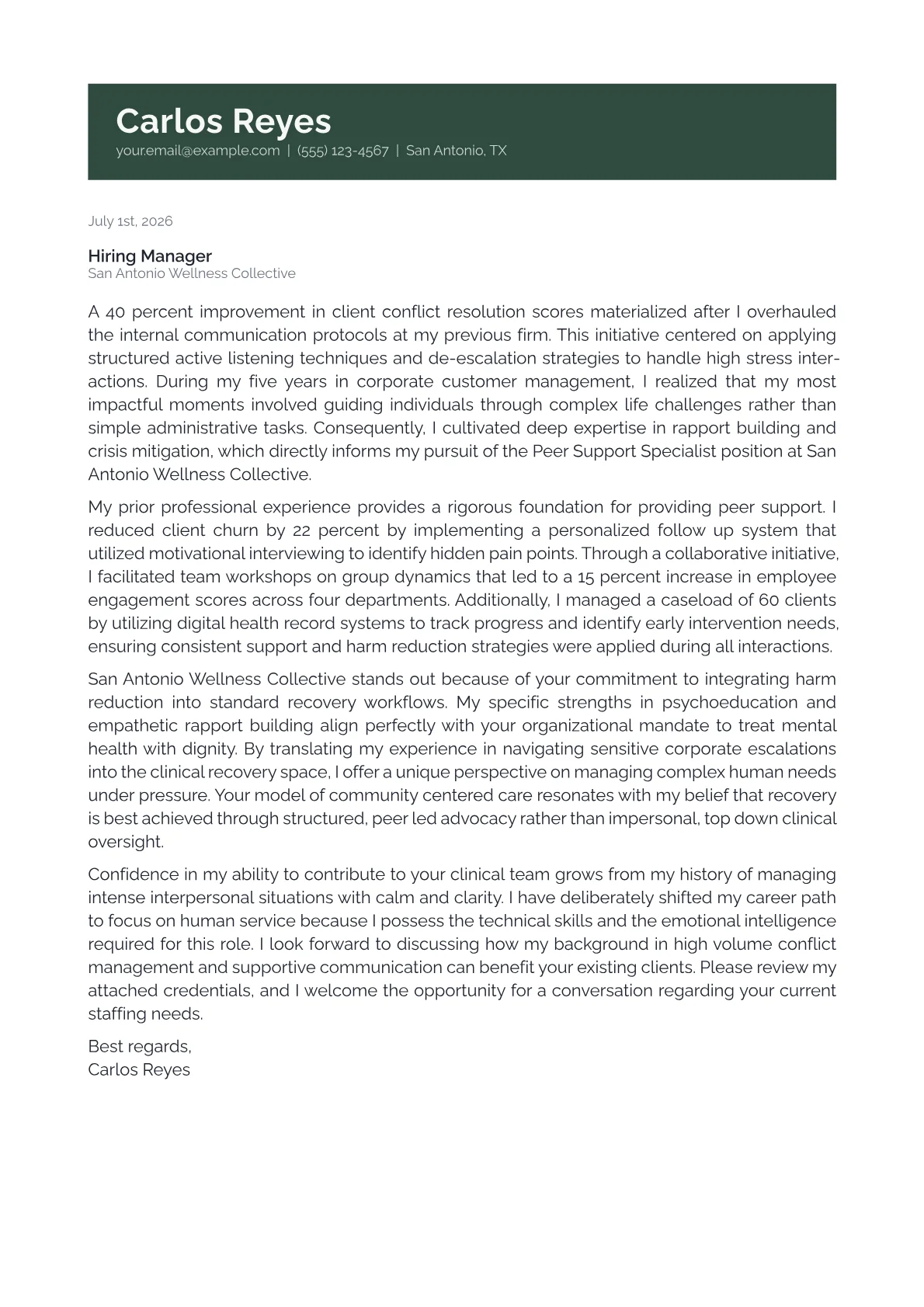 Peer Support Specialist cover letter in the Banner design