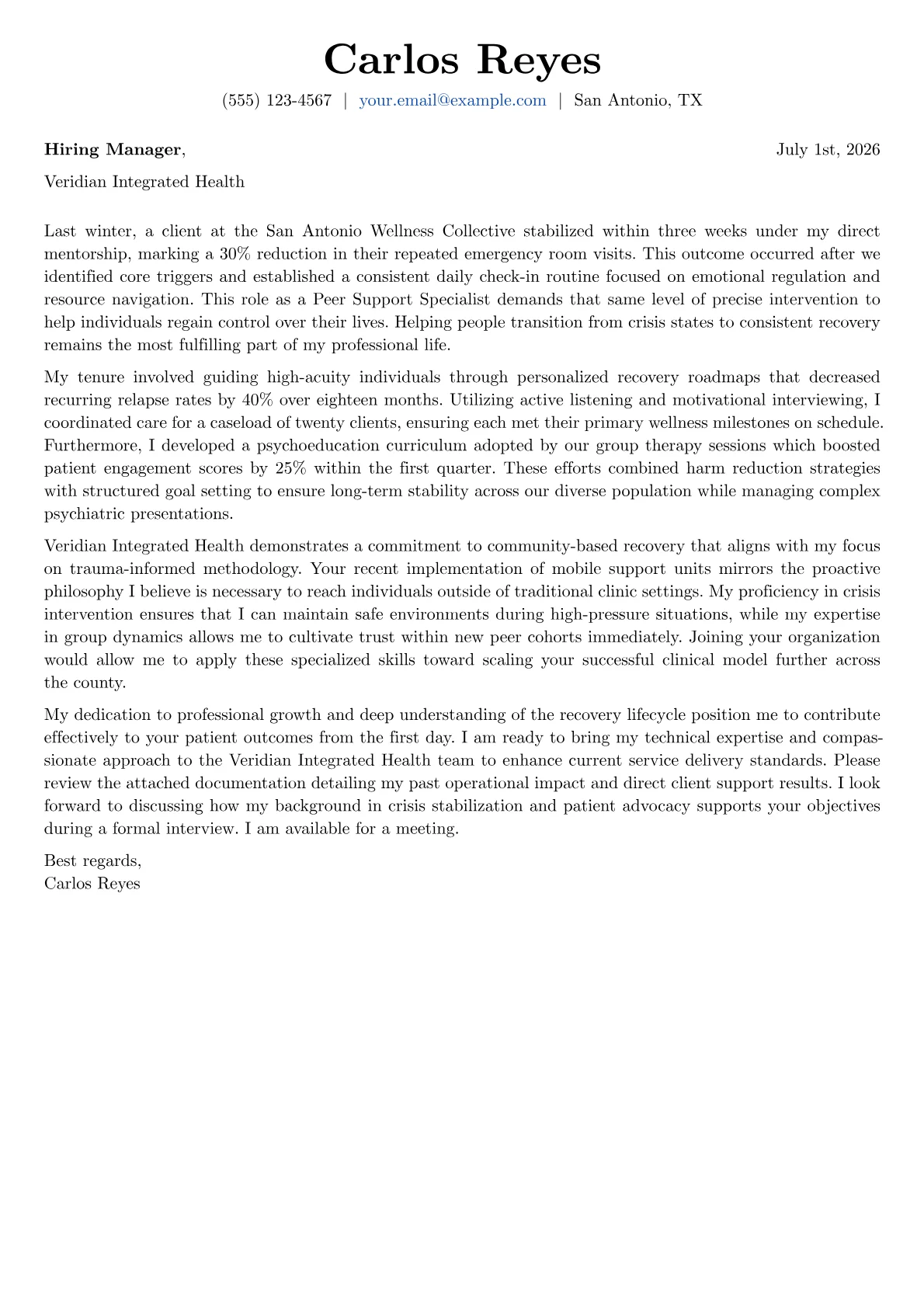 Peer Support Specialist cover letter in the Basic design