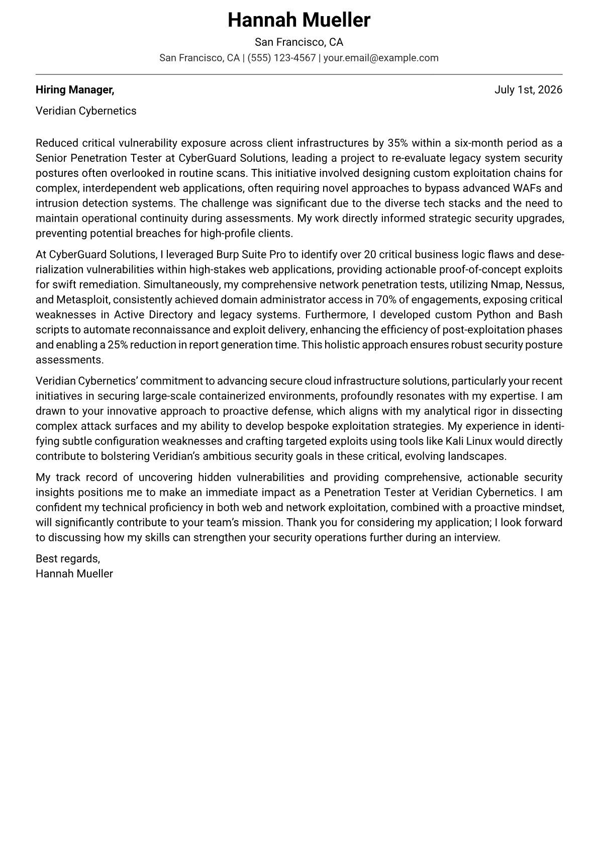 Penetration Tester cover letter formatted with a JobSprout template