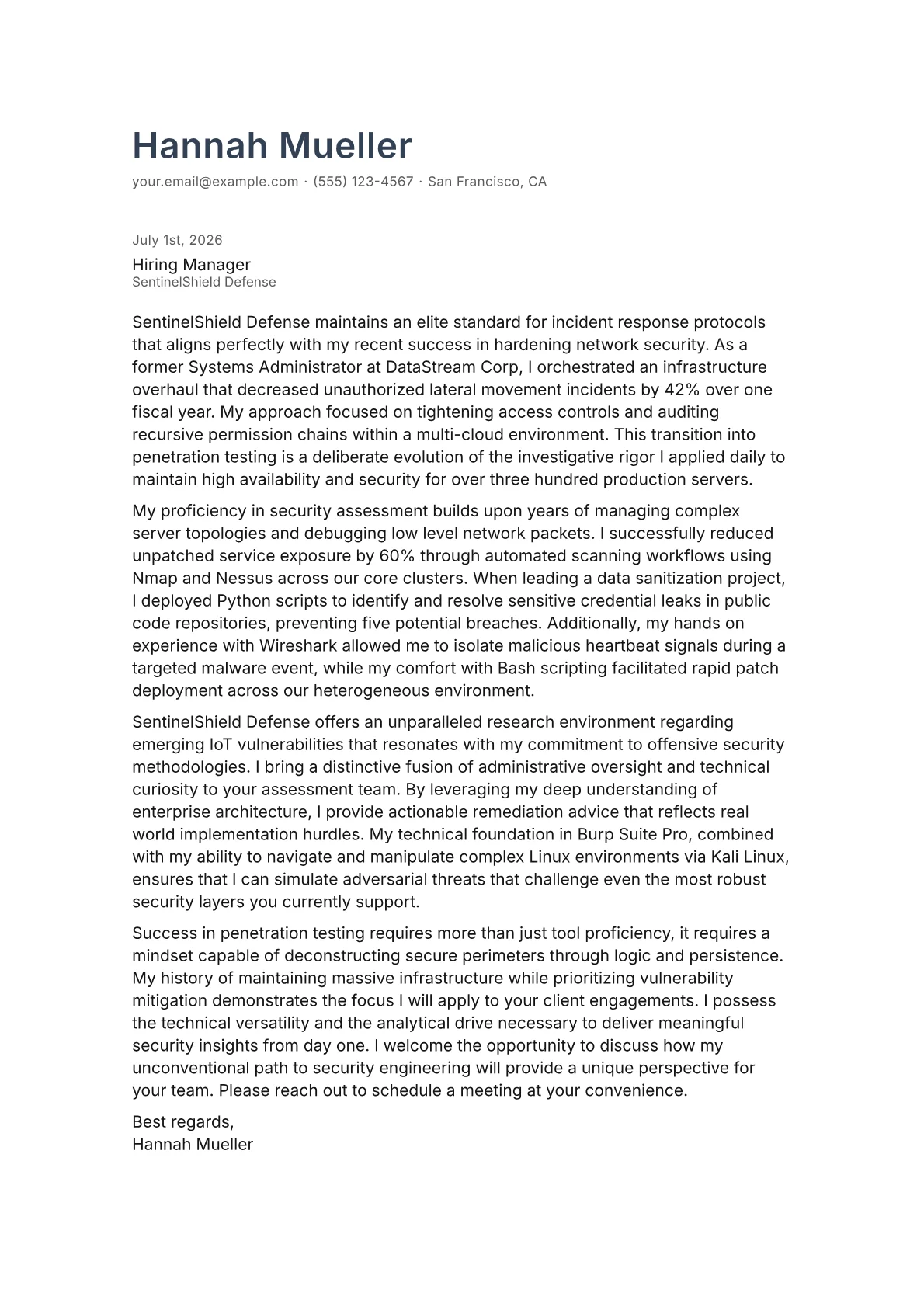 Penetration Tester cover letter in the Minimal design