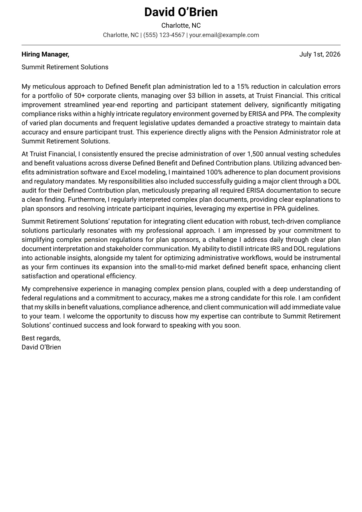 Pension Administrator cover letter formatted with a JobSprout template