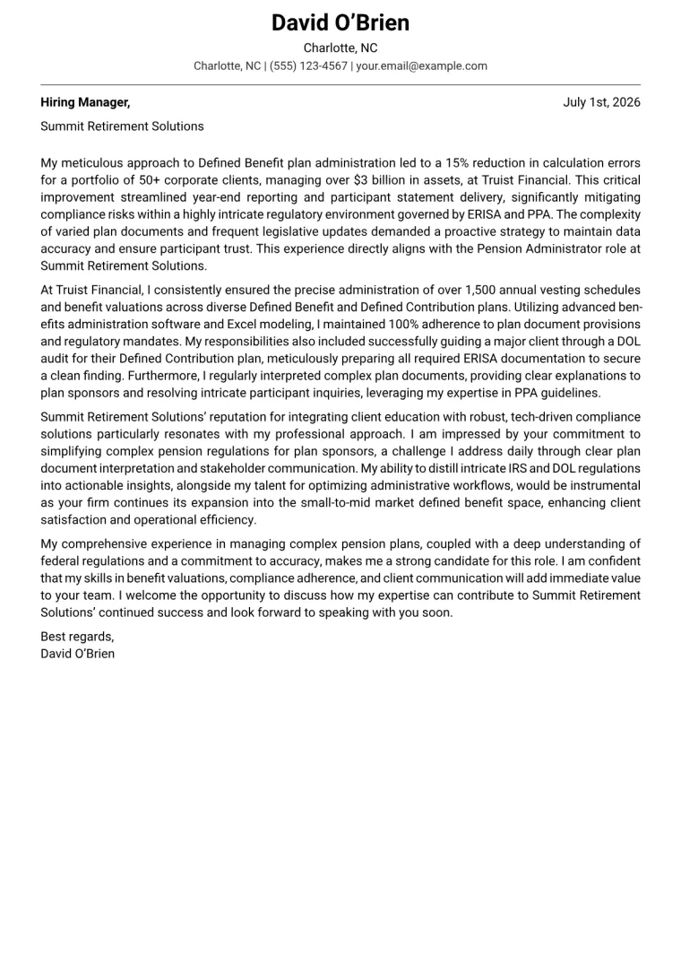 Pension Administrator cover letter example preview