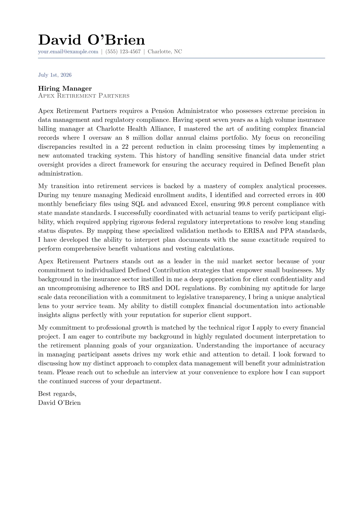 Pension Administrator cover letter in the Classic design