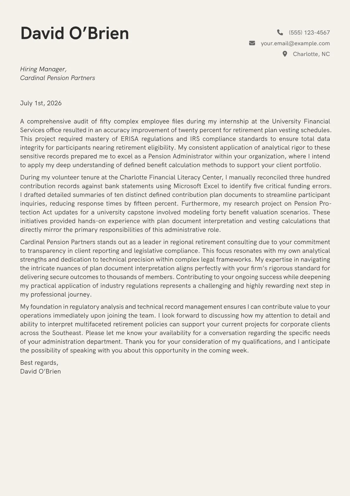 Pension Administrator cover letter in the Creative design