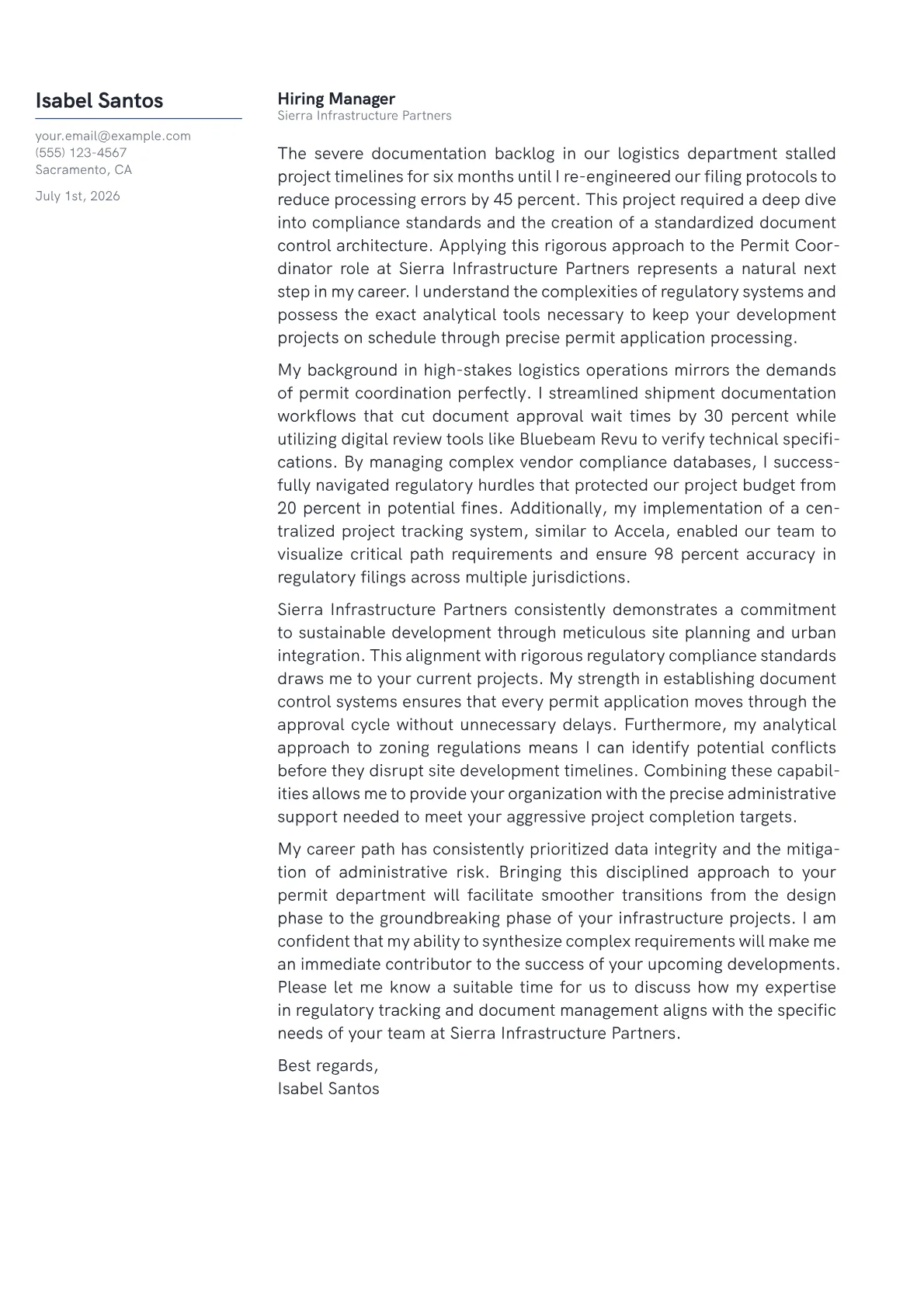 Permit Coordinator cover letter in the Margin design