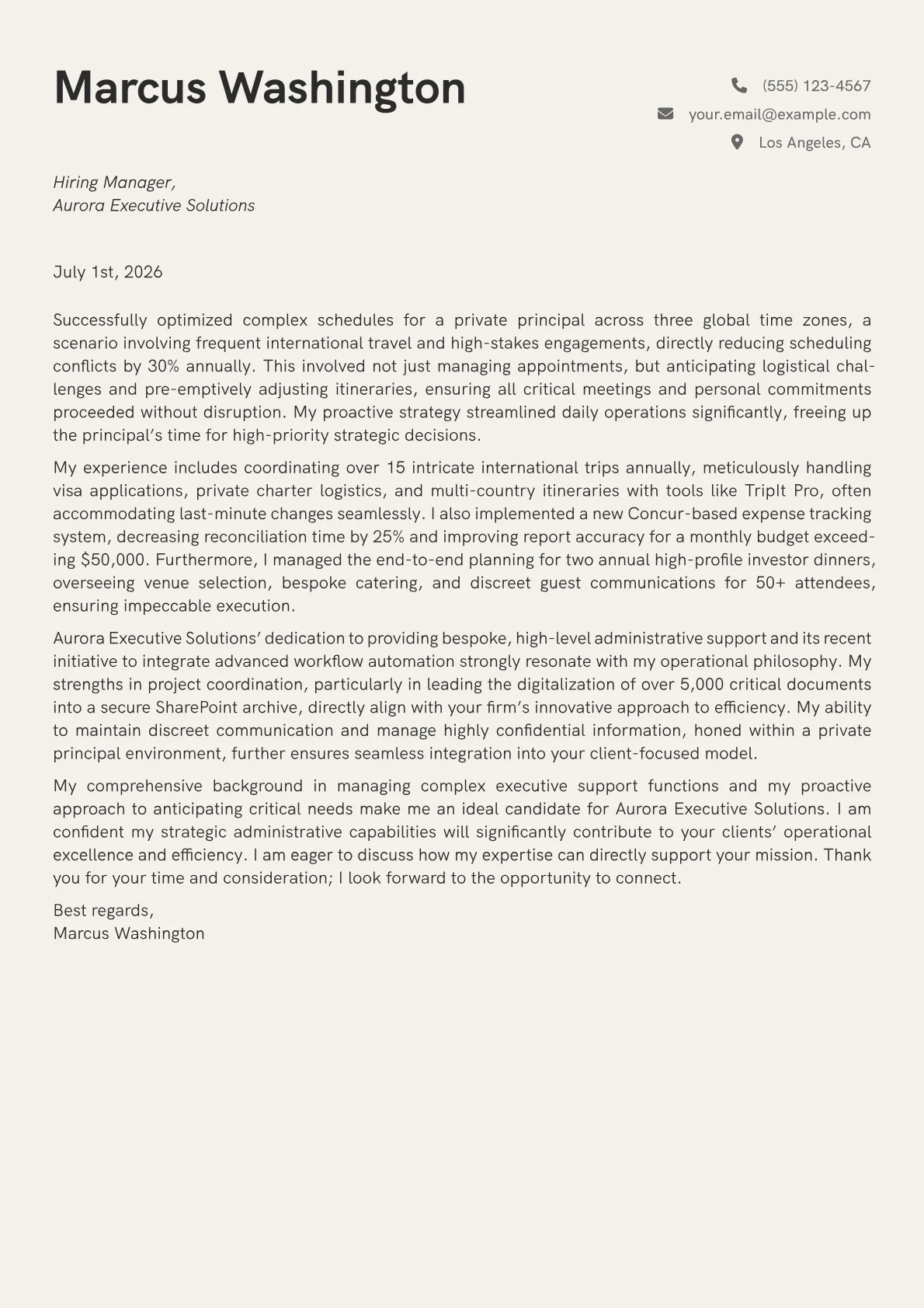 Personal Assistant cover letter formatted with a JobSprout template