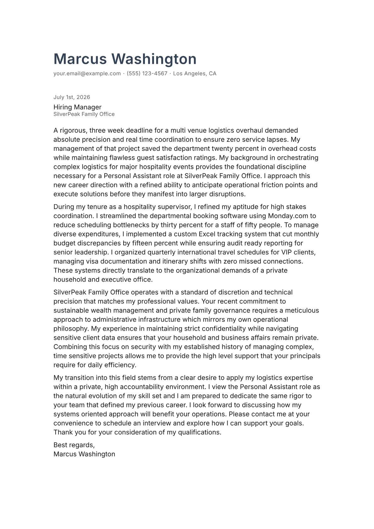 Personal Assistant cover letter in the Minimal design