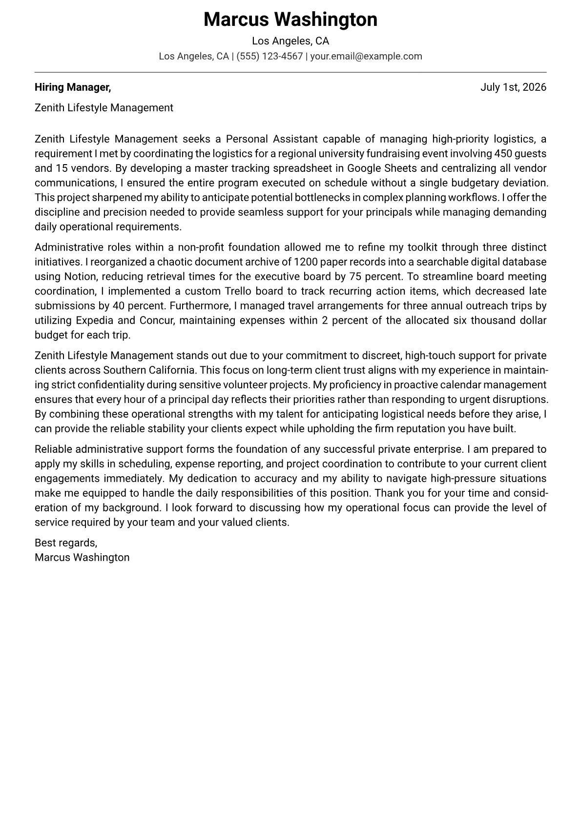 Personal Assistant cover letter in the Modern design