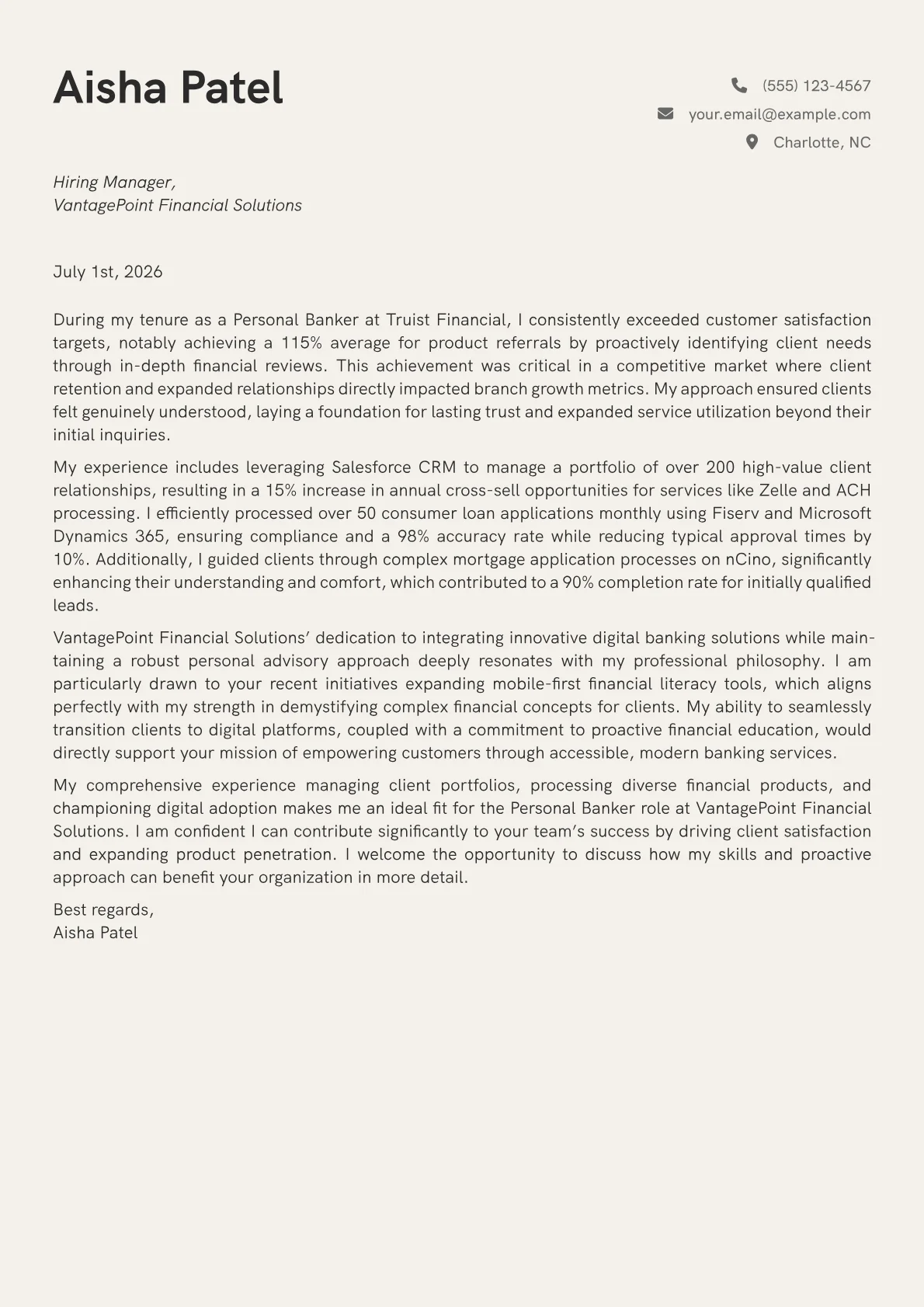 Personal Banker cover letter formatted with a JobSprout template