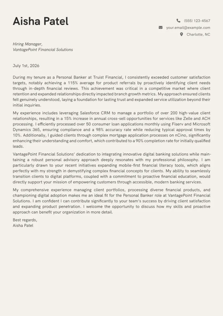 Personal Banker Cover Letter Example