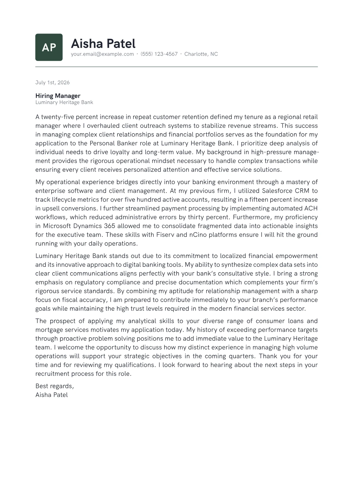 Personal Banker cover letter in the Emblem design