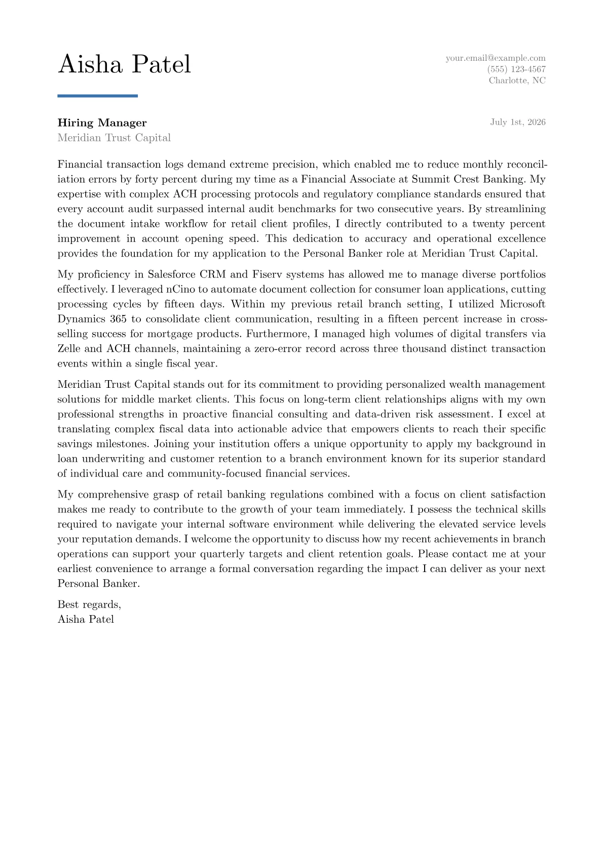 Personal Banker cover letter in the Executive design