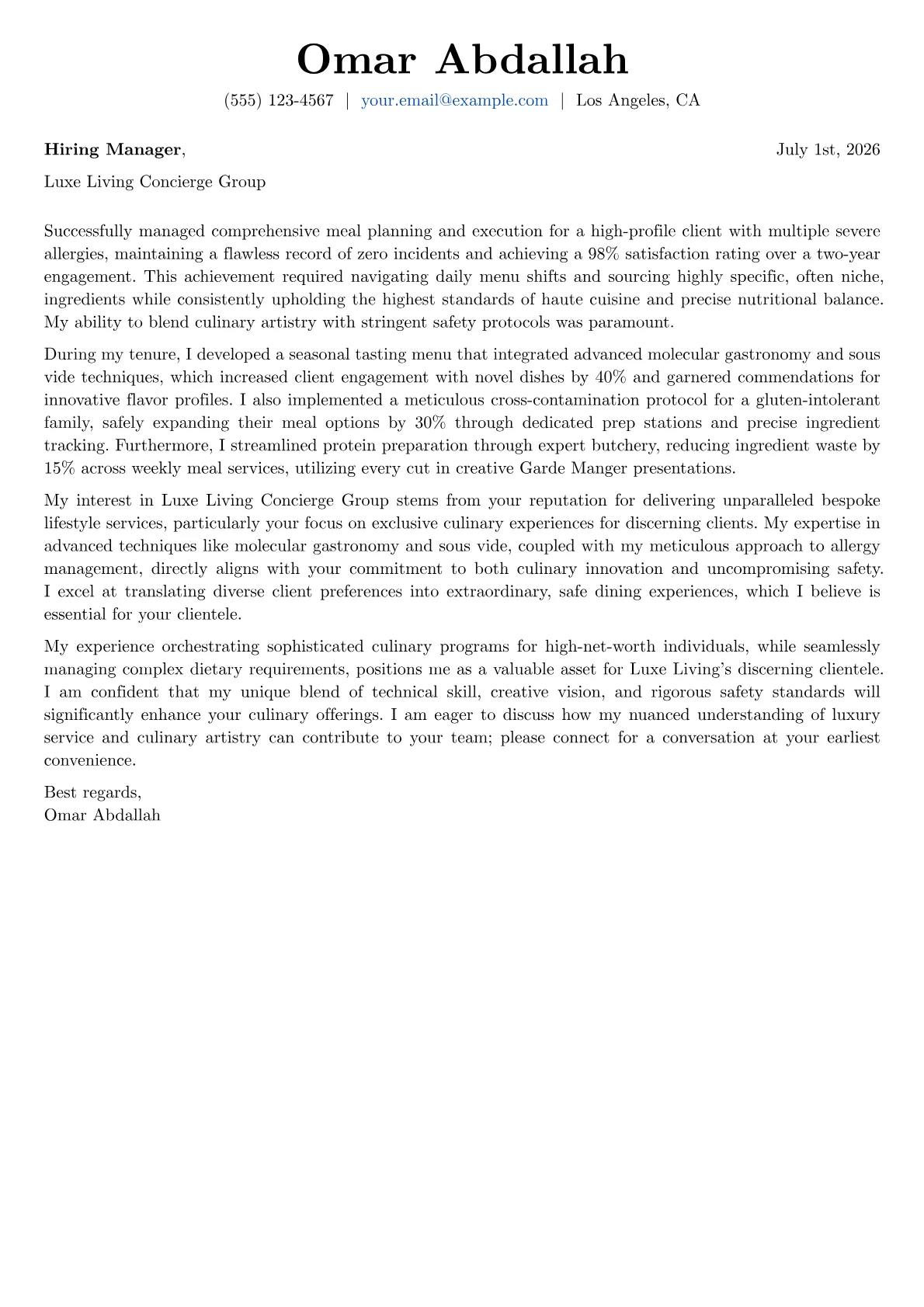 Personal Chef cover letter formatted with a JobSprout template