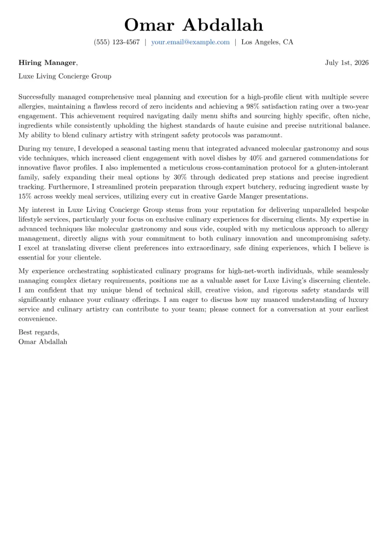 Personal Chef Cover Letter Example