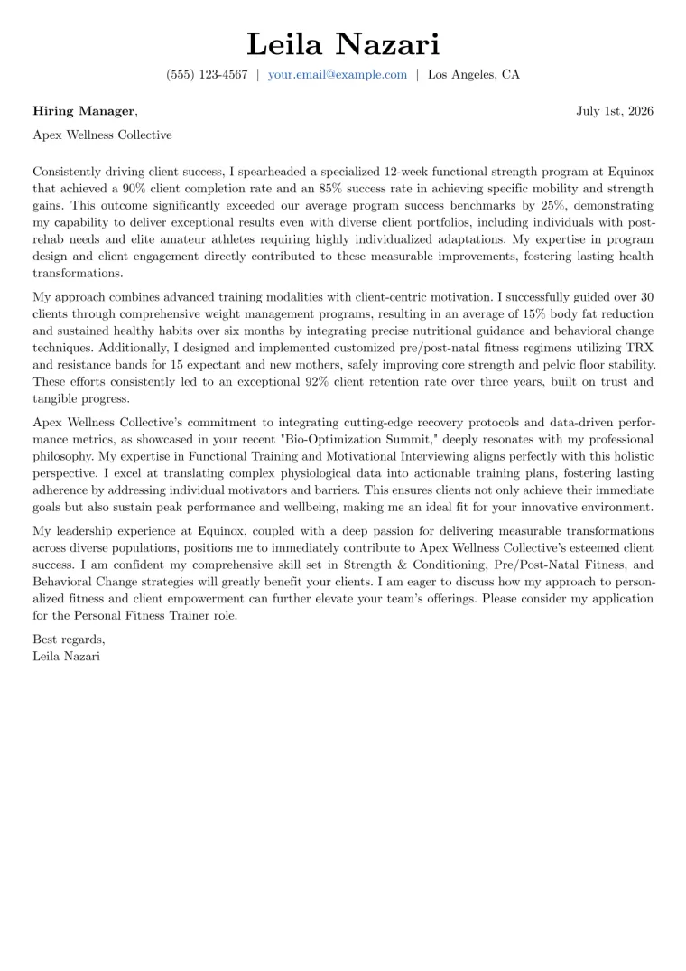 Personal Fitness Trainer Cover Letter Example