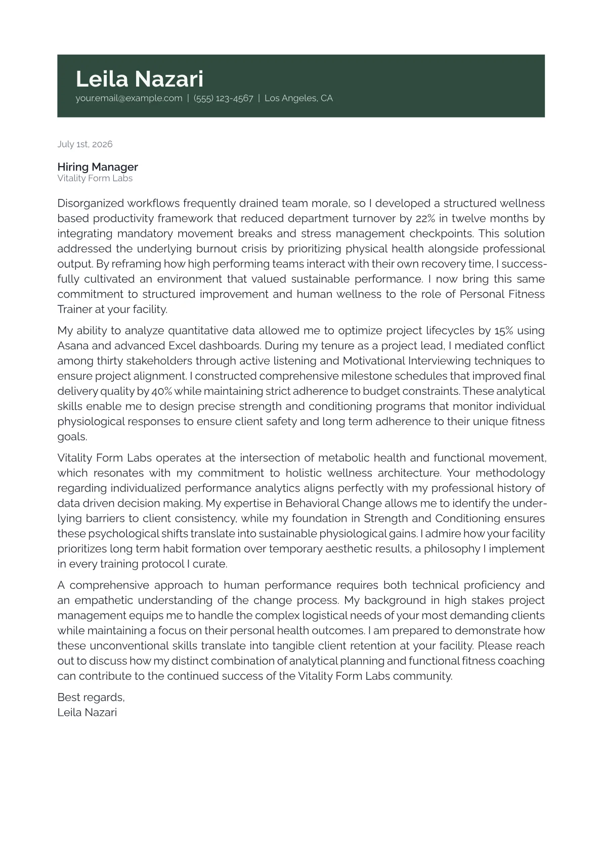 Personal Fitness Trainer cover letter in the Banner design