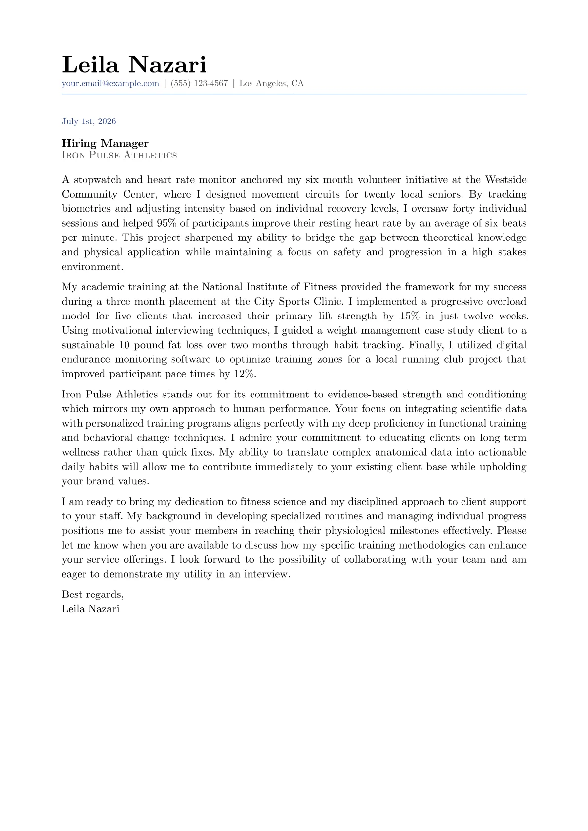 Personal Fitness Trainer cover letter in the Classic design