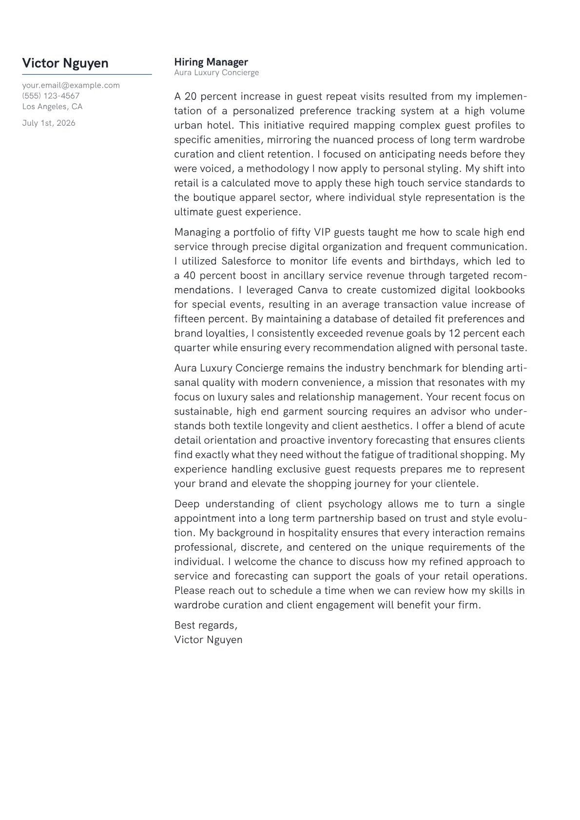 Personal Shopper cover letter in the Margin design
