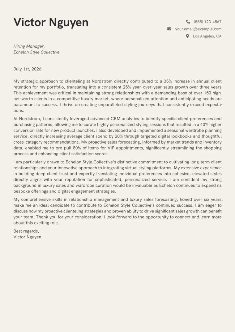 Personal Shopper cover letter example preview