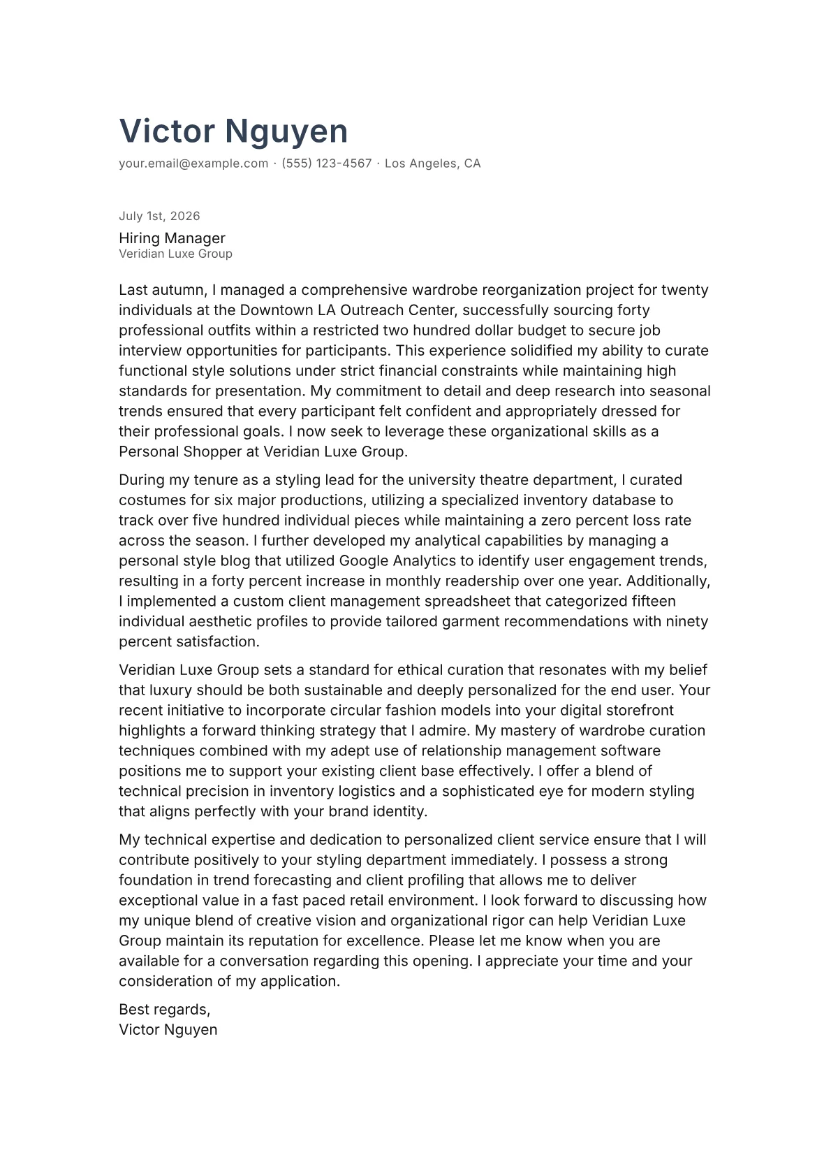 Personal Shopper cover letter in the Minimal design