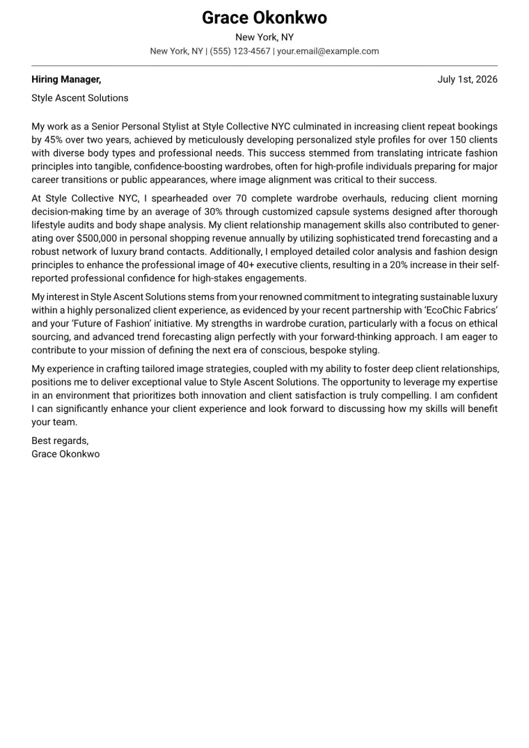 Personal Stylist Cover Letter Example