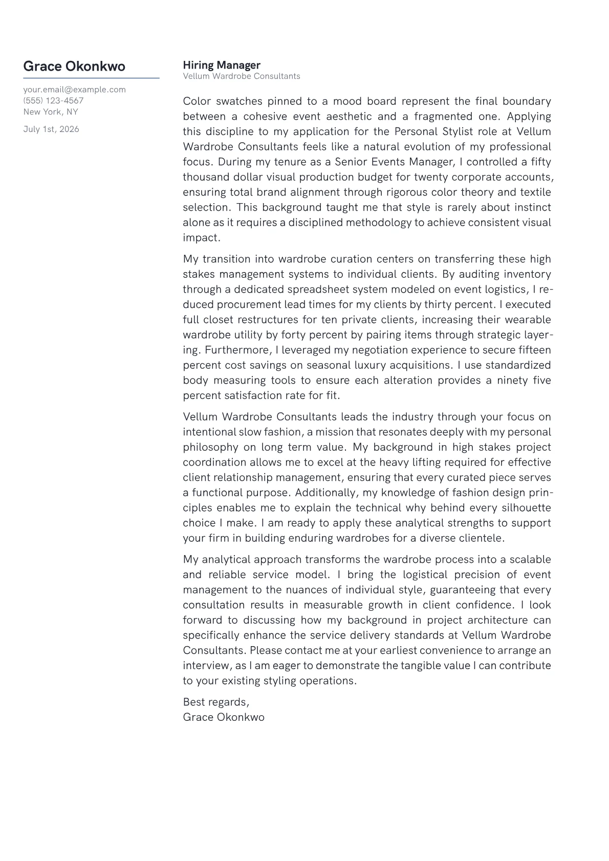 Personal Stylist cover letter in the Margin design