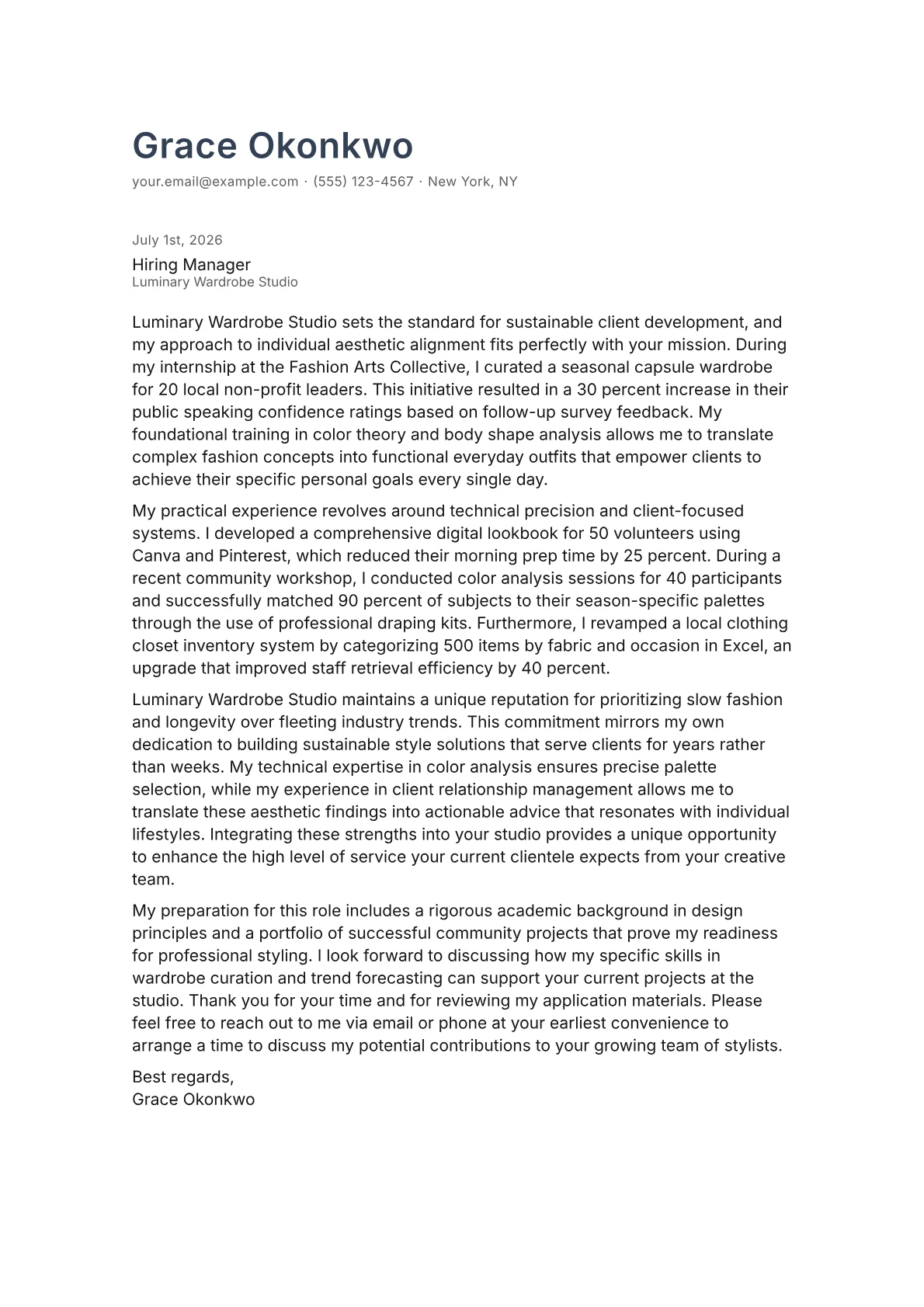 Personal Stylist cover letter in the Minimal design