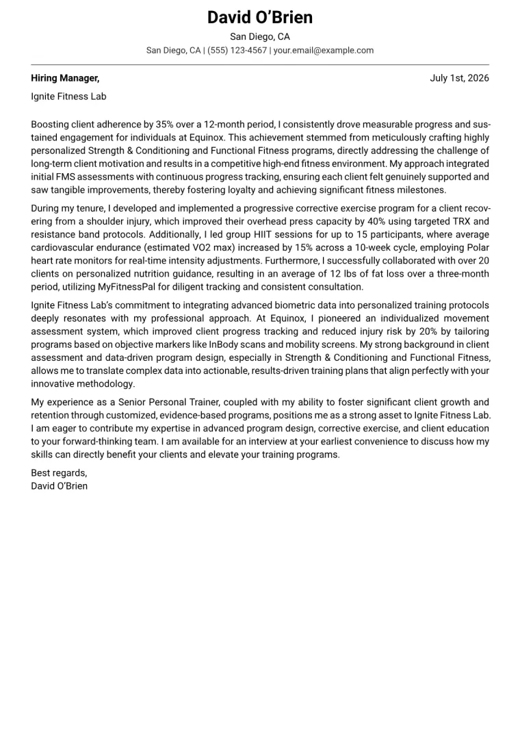 Personal Trainer Cover Letter Example