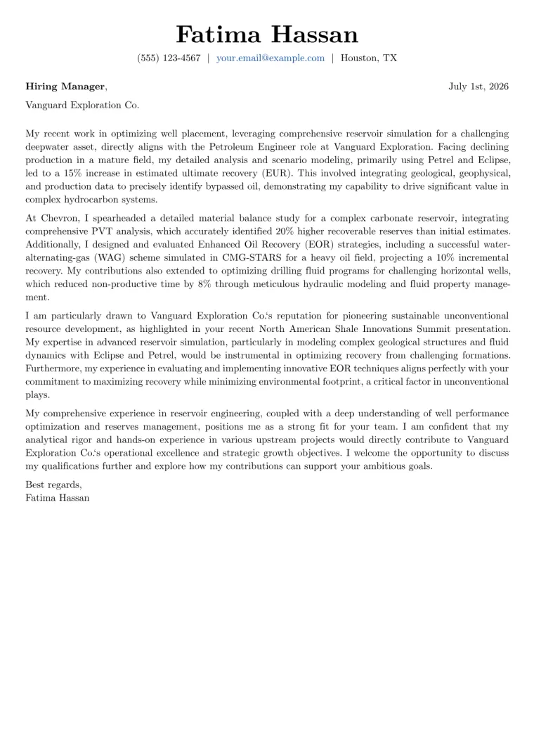 Petroleum Engineer cover letter example preview